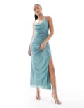 [ASOS Petite] ASOS DESIGN Petite asymmetric neck maxi dress with draped skirt and cutaway split in sea green 14 GREEN