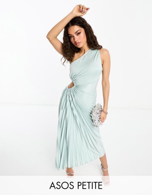 ASOS DESIGN Petite asymmetric one shoulder cut out pleated midi dress in  mint