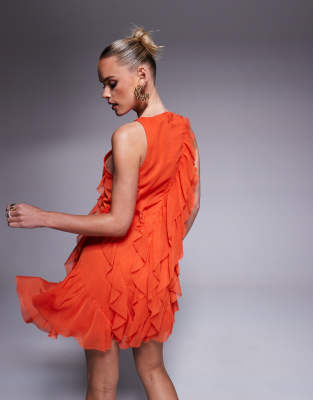 ASOS PETITE ASOS DESIGN PETITE ASYMMETRIC RACER NECKLINE RUFFLE MINI DRESS 