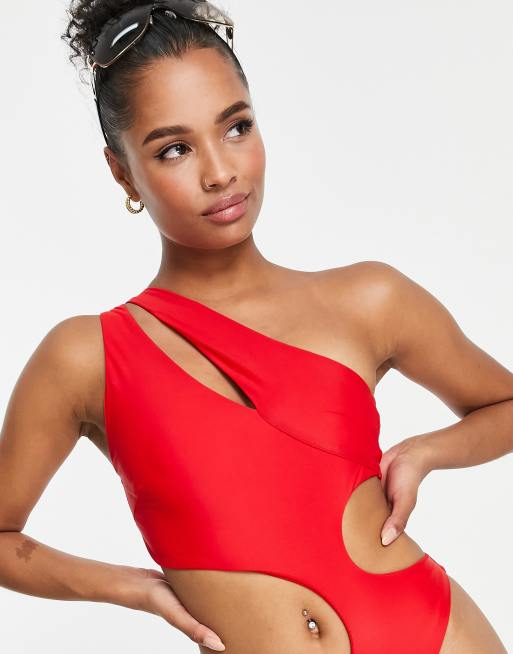 ASOS DESIGN asymmetric strappy one shoulder cut out swimsuit in