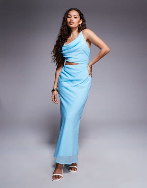 ASOS DESIGN - Petite asymmetrische gedrapeerde faux-ord maxi jurk in aquablauw - view 1