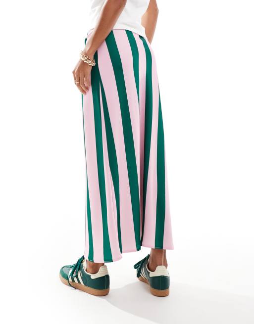 ASOS DESIGN Petite – Asymmetrischer Satin-Maxirock in Rosa und Grün mit Streifen, 4 von 5