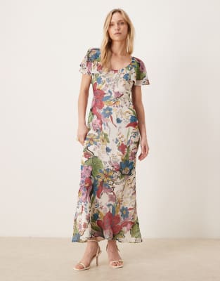 ASOS DESIGN Petite - Asymmetrisches Maxikleid mit Paisleymuster, U-Ausschnitt und Rüschenärmeln-Bunt Bunt 42