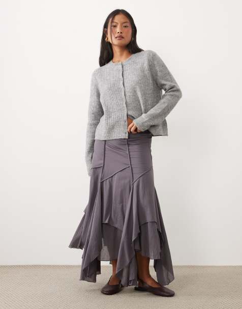 ASOS DESIGN Petite asymmetrisk midi-nederdel med sømdetaljer i kulgrå - view 1