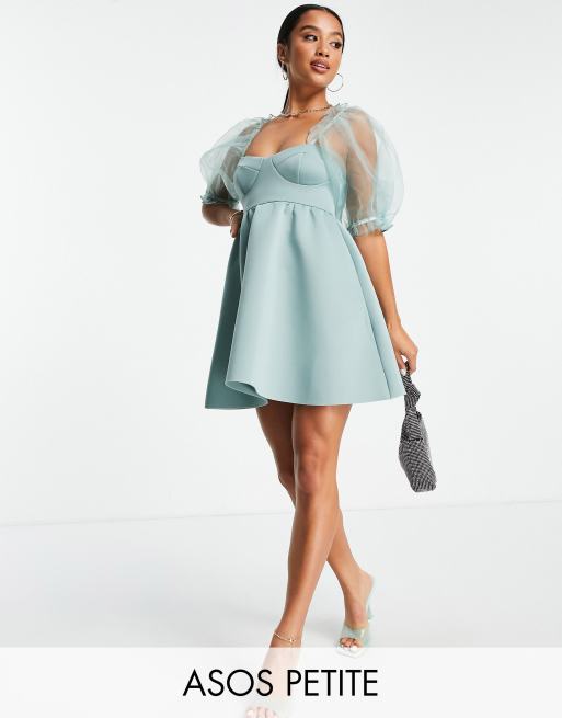 ASOS DESIGN Petite - Babydoll jurk met mouwen van organza in groenblauw