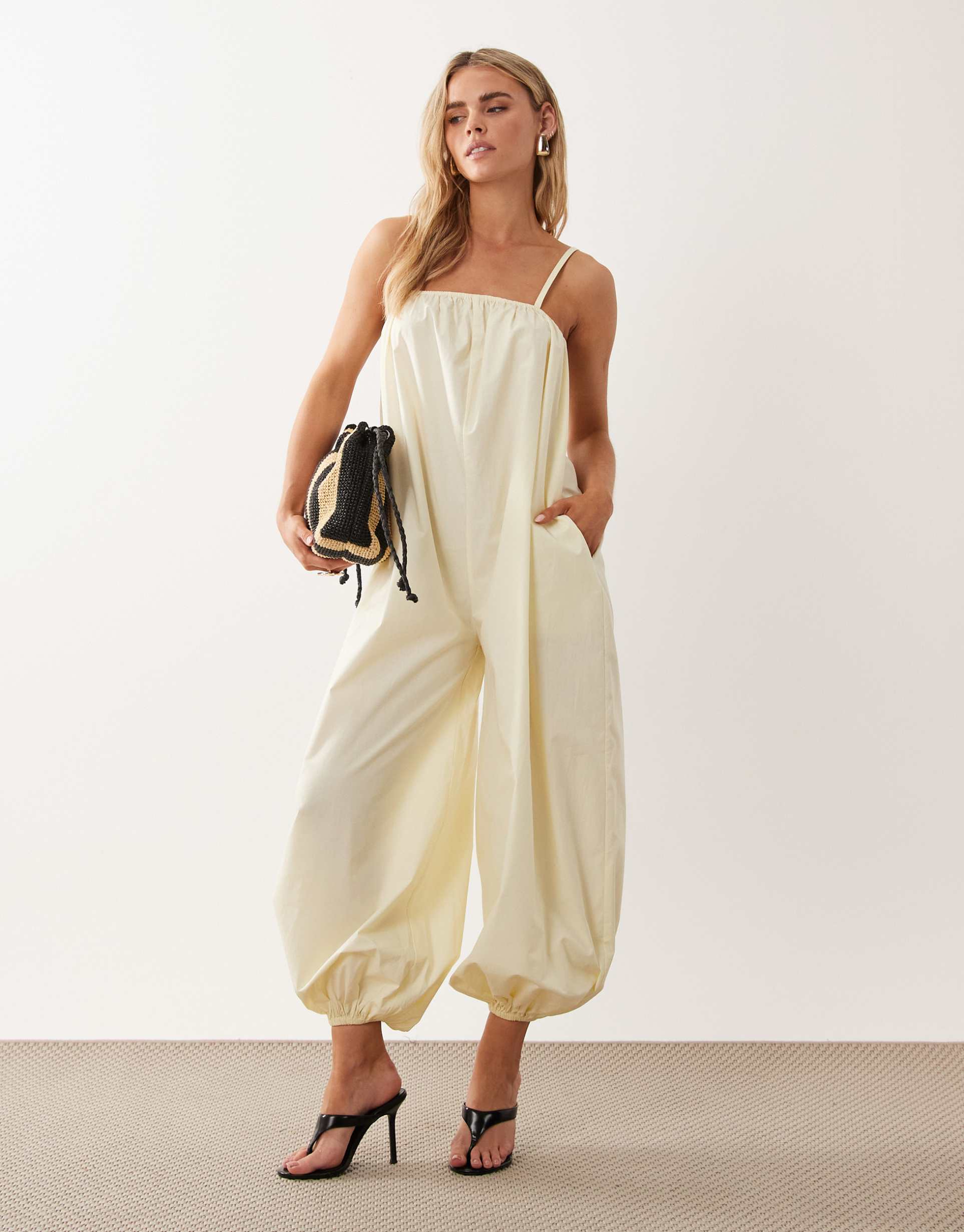 asos design petite balloon leg jumpsuit in cream