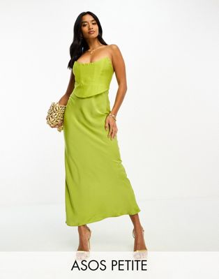ASOS DESIGN Petite bandeau contrast fabric slip maxi dress with corset detail in olive green - ASOS Price Checker