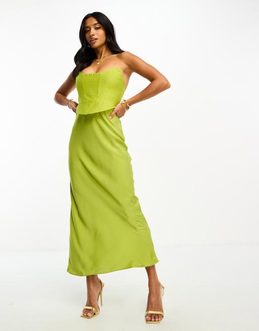 ASOS Design Corset Bandeau Midi Dress in Washed Fabric with Drape Detail Skirt in khaki-Green