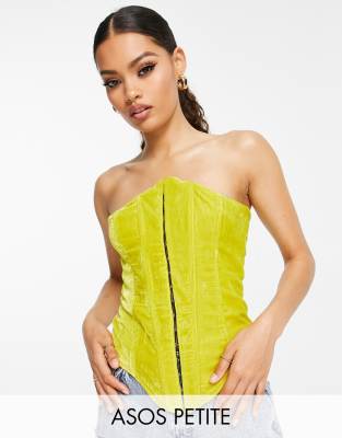 ASOS DESIGN Petite bandeau corset with hook & eye in chartreuse velvet-Green