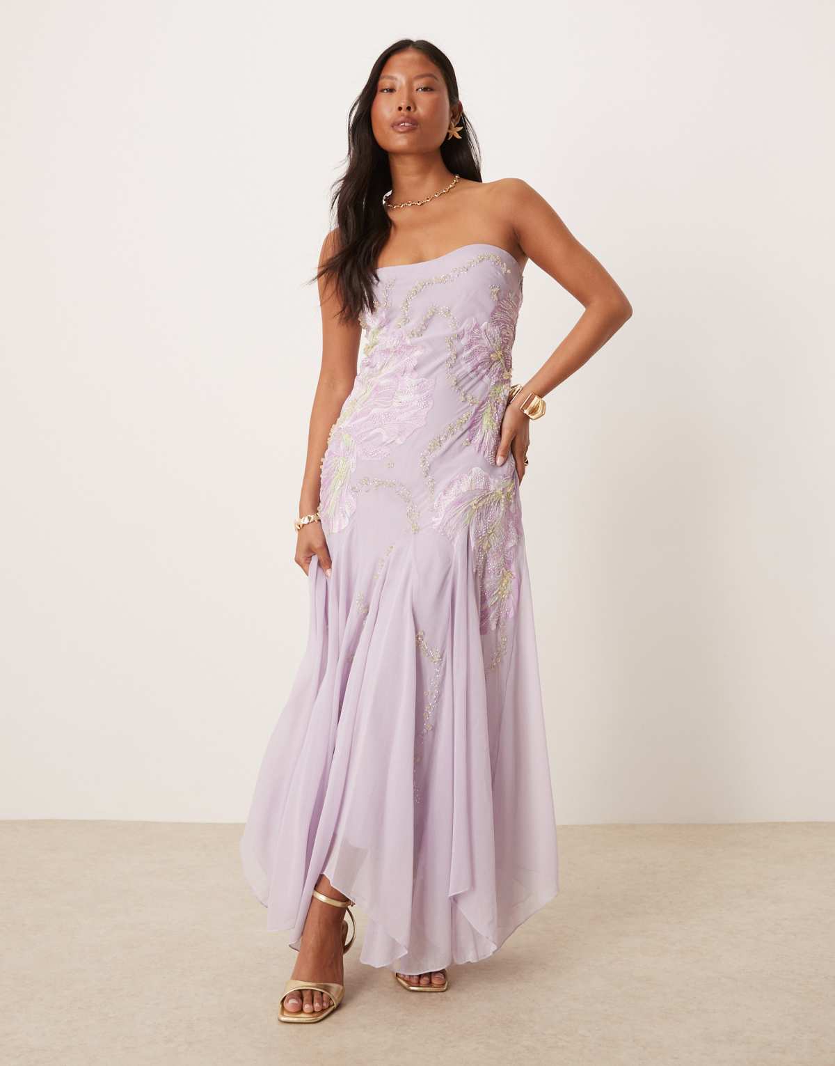 ASOS DESIGN Petite bandeau floral embellished maxi dress in lavender