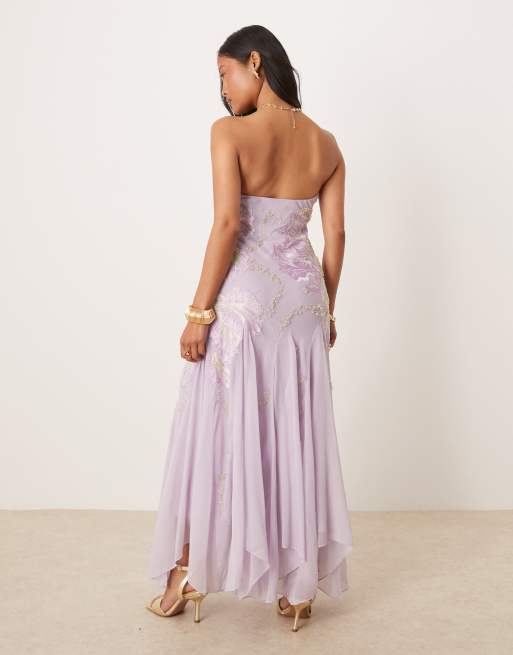 ASOS DESIGN Petite bandeau floral embellished maxi dress in lavender, 2 of 4