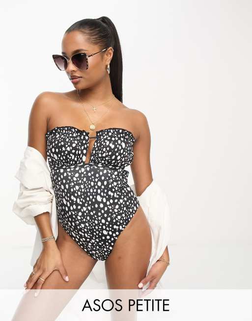 ASOS DESIGN Petite bandeau frill swimsuit in mono spot print ASOS