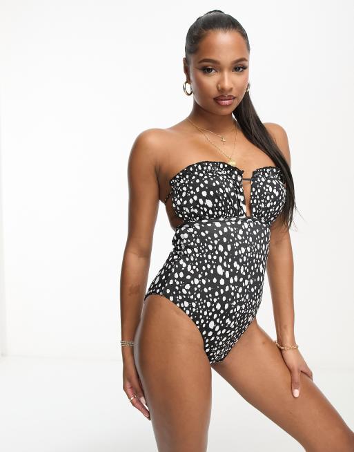 ASOS DESIGN Petite bandeau frill swimsuit in monochrome spot print