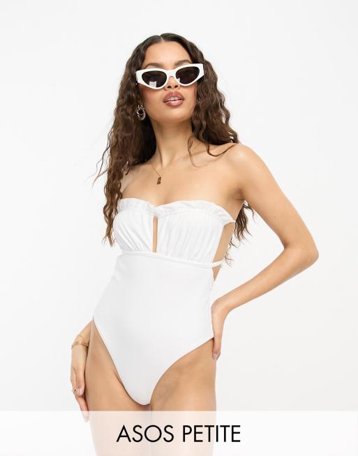 ASOS DESIGN Petite bandeau frill swimsuit in white