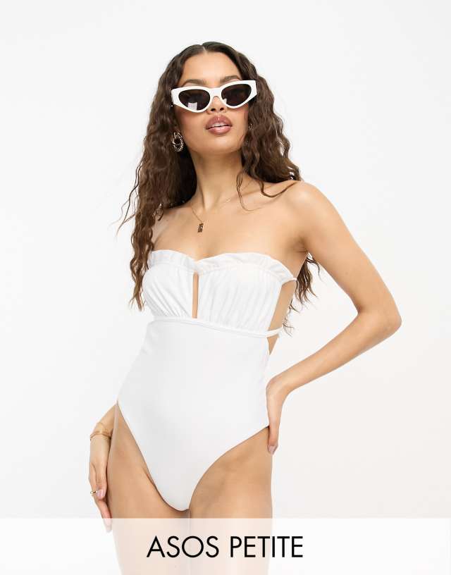 ASOS Petite - ASOS DESIGN Petite bandeau frill swimsuit in white