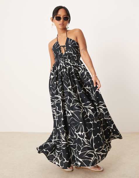 ASOS DESIGN Petite bandeau lace up maxi beach dress with linen in mono floral - view 1