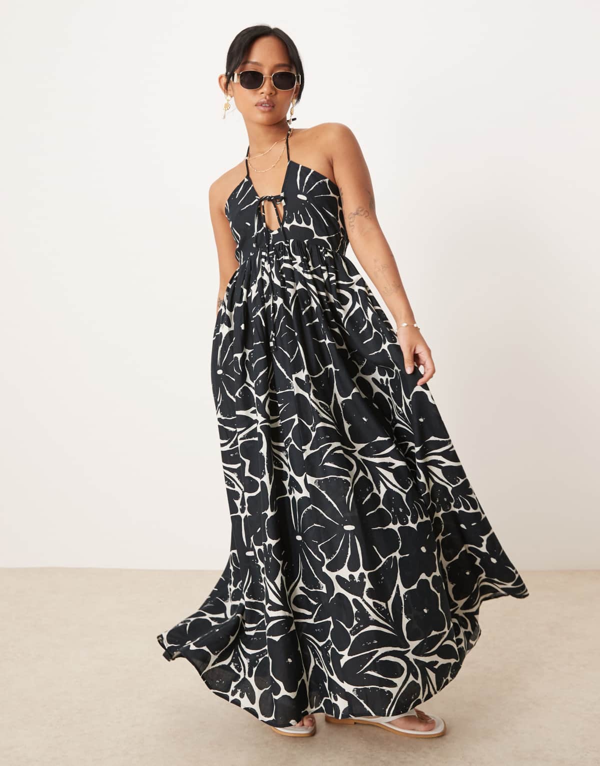 ASOS DESIGN Petite bandeau lace up maxi beach dress with linen in mono floral