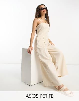 ASOS DESIGN Petite bandeau linen look jumpsuit with detachable straps in  oatmeal