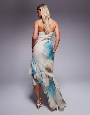 Asos Petite Asos Design Petite Bandeau Maxi Dress With Asymmetric Ruffle Hem In Multi