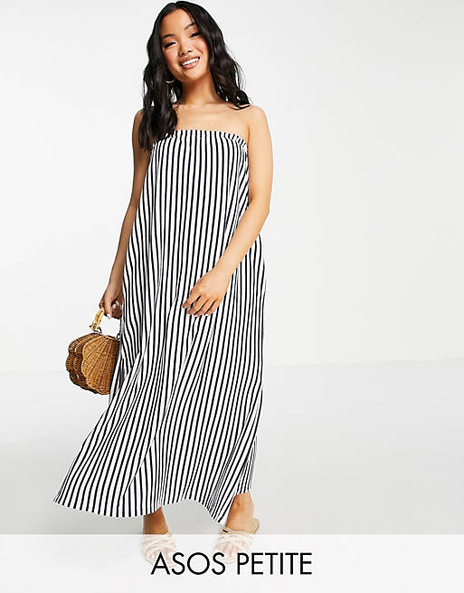 Women Petite bandeau maxi sundress with pockets in navy and white stripe 