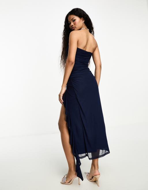 ASOS DESIGN Petite bandeau ruffle maxi dress in navy