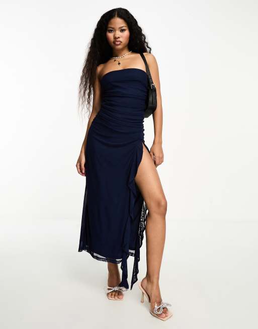 ASOS DESIGN Petite bandeau ruffle maxi dress in navy