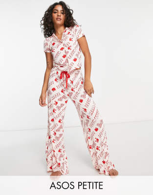 ASOS DESIGN Petite Barbie x Hello Kitty viscose shirt & pants pajama set in  pink