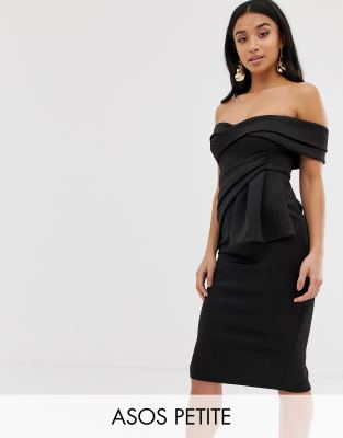 asos design bardot fold wrap front midi pencil dress