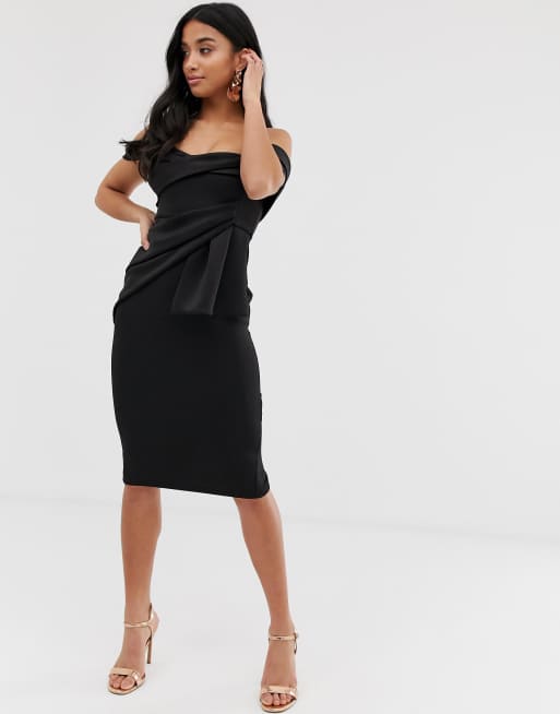 Asos design bardot fold wrap front midi pencil hot sale dress