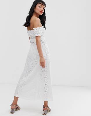 asos design bardot mini broderie sundress with faux tortoiseshell belt
