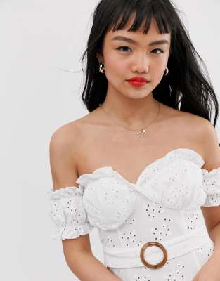 asos design bardot mini broderie sundress with faux tortoiseshell belt