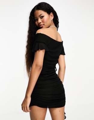 ASOS DESIGN Petite bardot mesh mini dress in black | ASOS