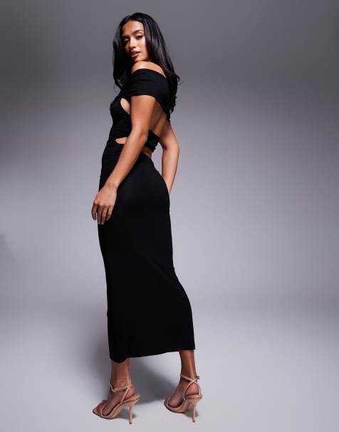 ASOS DESIGN Petite – Bardot-Midikleid in Schwarz mit Riemchen auf der Rückseite - view 1
