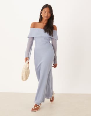 ASOS DESIGN Petite - Bardot-Midikleid in Staubblau mit Umschlag-Bunt