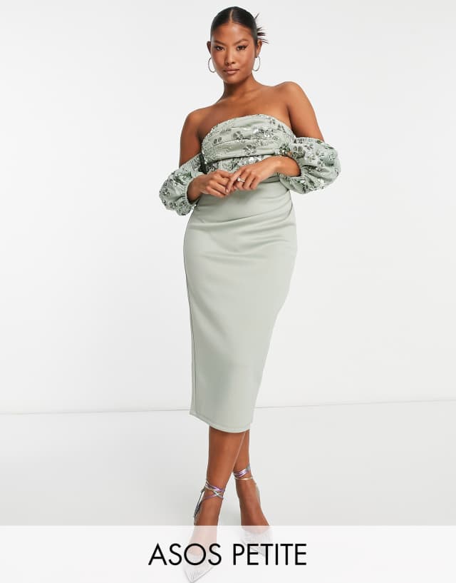 ASOS DESIGN Petite bardot puff sleeve midi dress with floral embellishment in sage