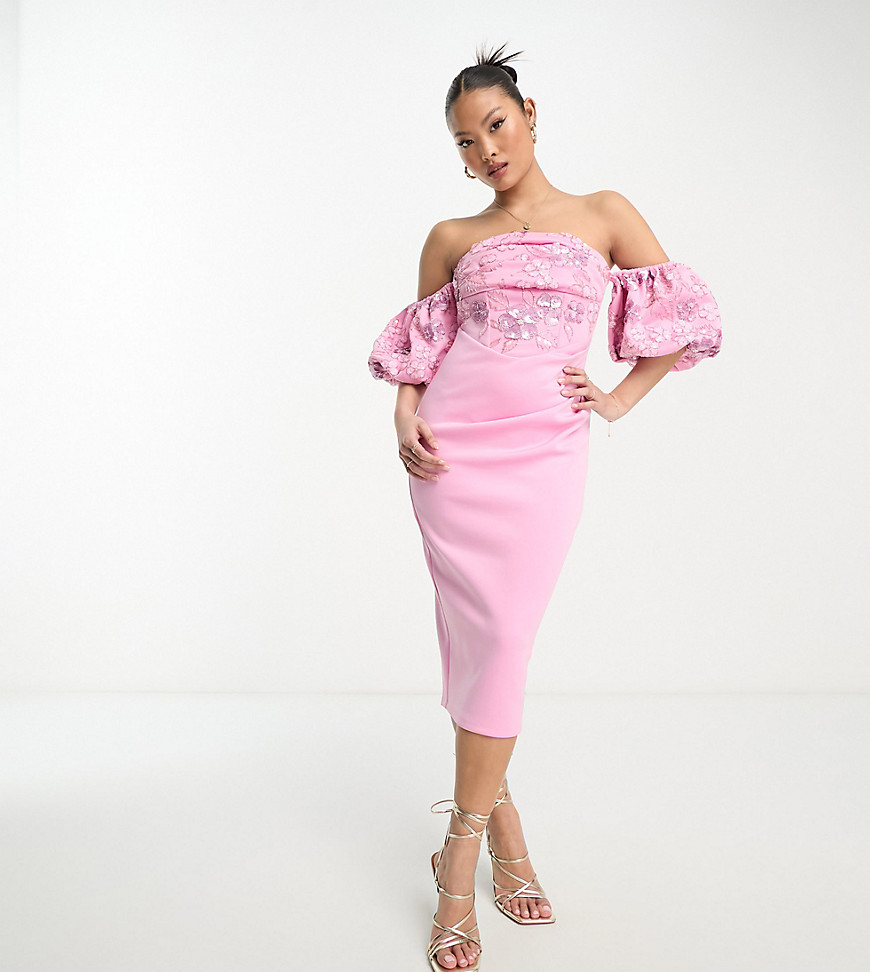ASOS Petite ASOS DESIGN Petite bardot puff sleeve midi dress with floral sequin embellishment in pink
