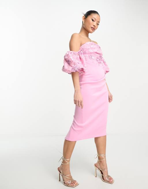 ASOS DESIGN Petite bardot puff sleeve midi dress with floral sequin embellishment in pink