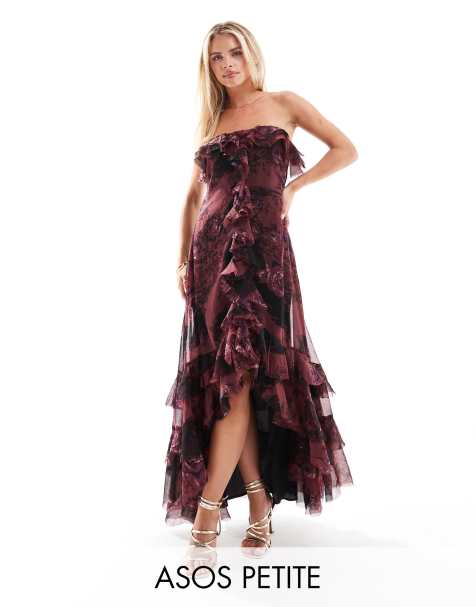 ASOS DESIGN Petite bardot ruffle off shoulder maxi dress in pink floral print - view 1