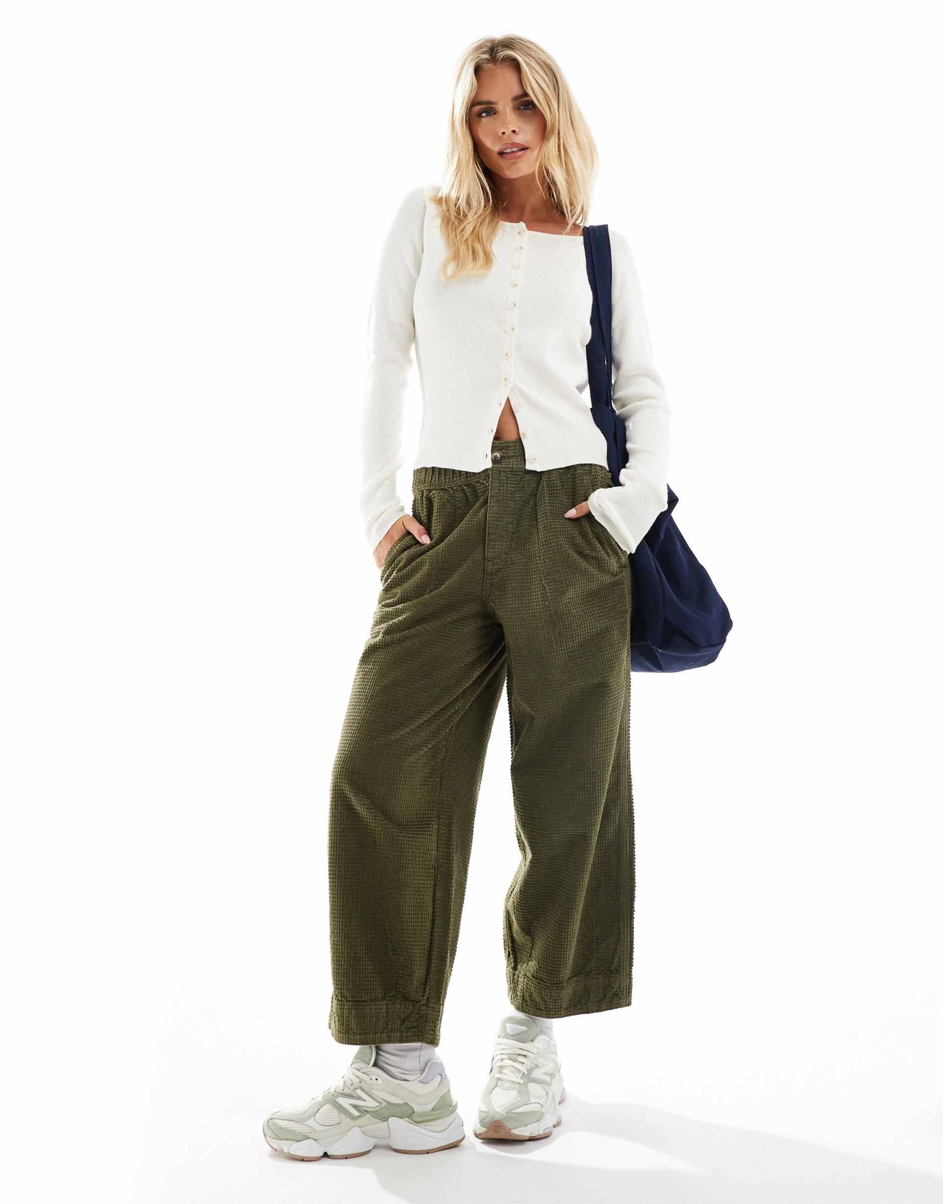 asos design petite barrel leg bubble corduroy pants in khaki green