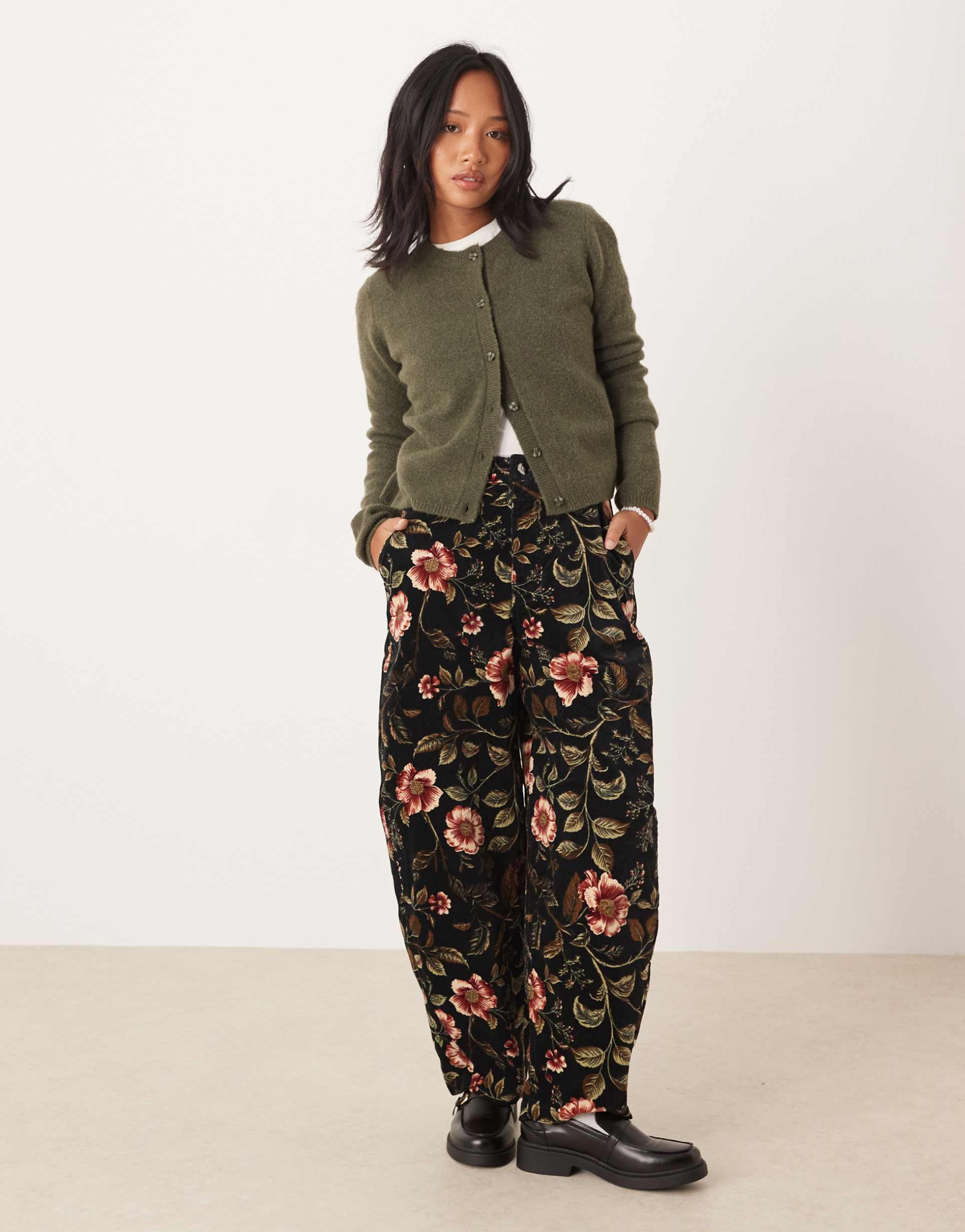 asos design petite barrel leg corduroy pants in floral print