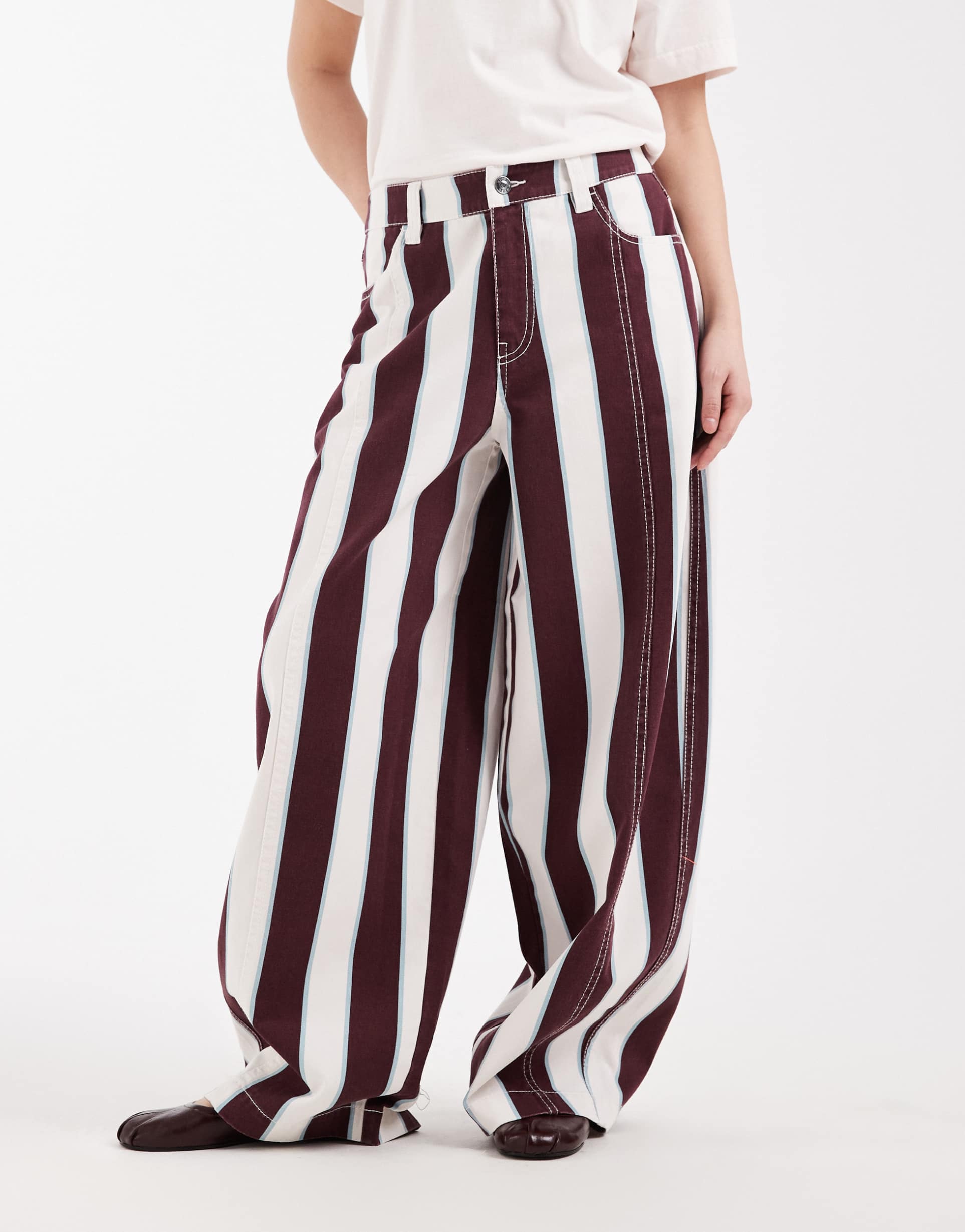 asos design petite barrel leg pants in stripes