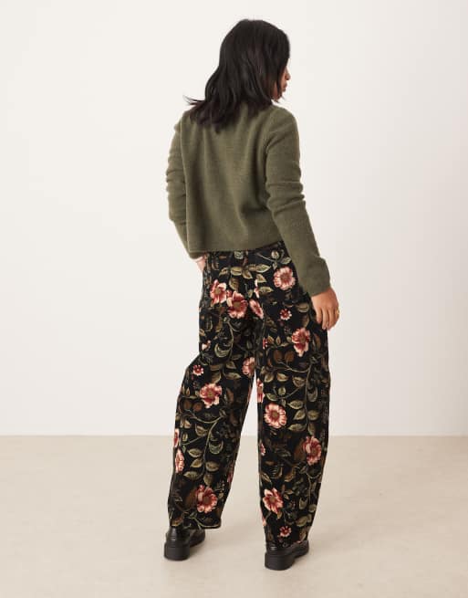 ASOS DESIGN Petite barrel leg trousers in cord in floral print , 2 of 5