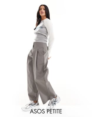 Asos Design Petite Barrel Pants In Structured Twill In Gray