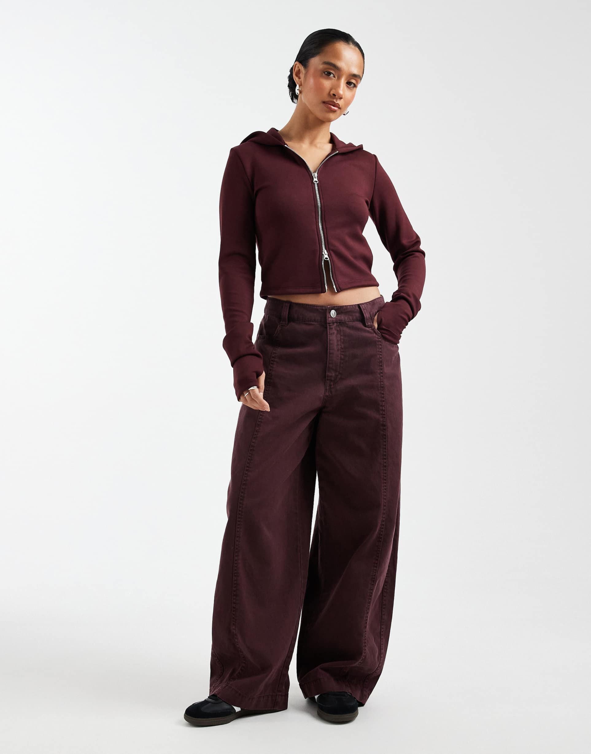 asos design petite barrel pants in washed effect in plum