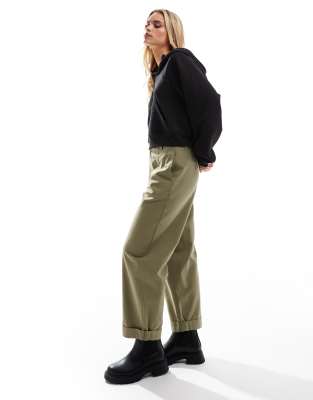 Petite barrel pants with turn-up detail in olive-Green