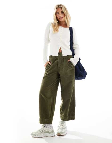ASOS DESIGN Petite barrel trouser in bubble cord in khaki - view 1