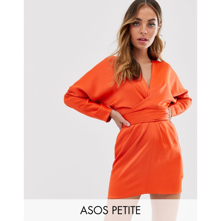 Asos design mini dress with batwing shop sleeve and wrap waist in satin