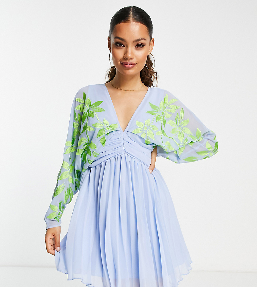 Asos Petite Asos Design Petite Batwing Pleated Mini Dress In Blue With Green Embroidery