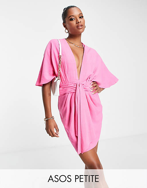 ASOS DESIGN Petite batwing tie front linen mini dress in pink