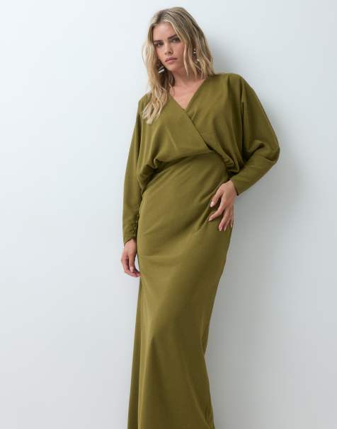 ASOS DESIGN Petite batwing wrap maxi dress in green - view 1